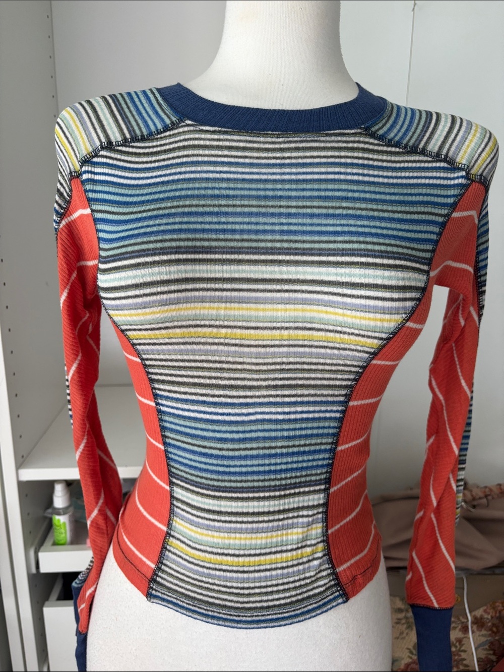 Urban Outfitters Multicolor Striped Long Sleeve Bodysuit with Red Side Panels